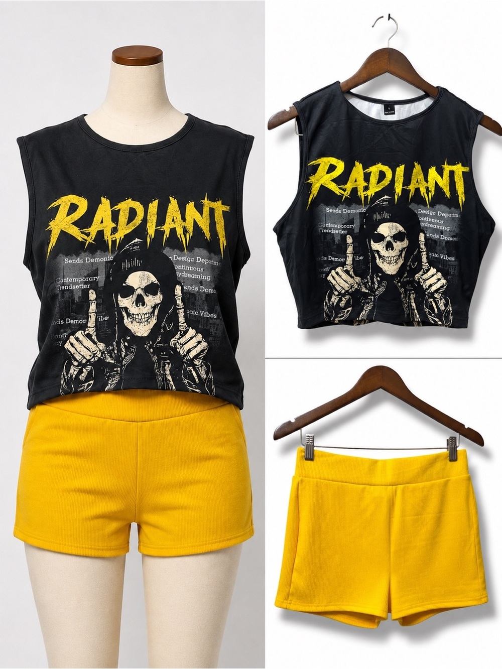 SHEIN | NWOT “Radiant” Skull Graphic Crop Muscle Tee & Yellow Shorts Set (size L